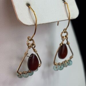 Handcrafted Gold and Brown/Blue Beads Teardrop Earrings